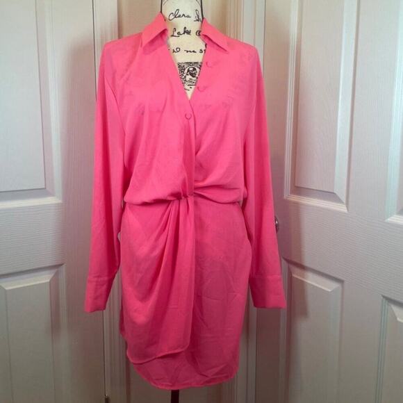 ESSENTIEL ANTWERP MINI DRESS DORSEY TWIST FRONT COLLARED DRAPED SZ 6 HOT PINKC - Picture 3 of 16